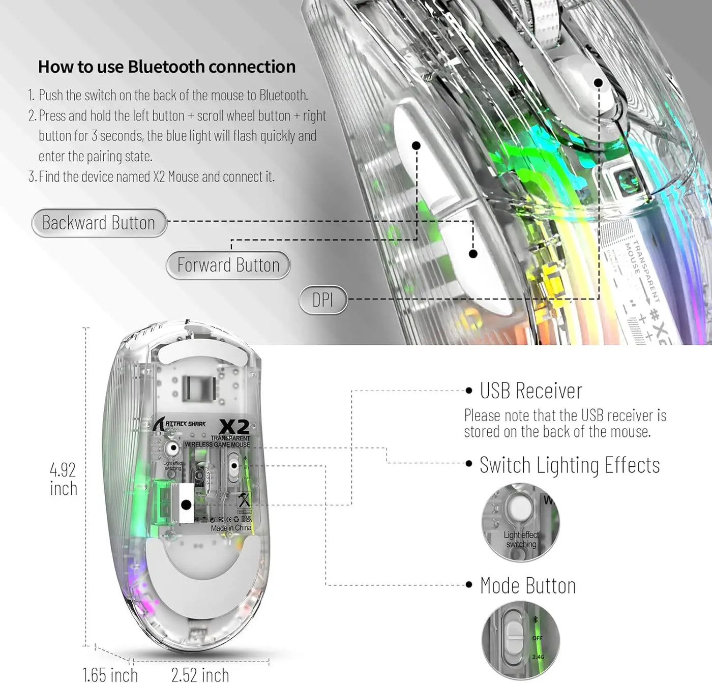 Wireless Transparent Shell Gaming Mouse